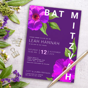 Purple Bat Mitzvah Modern Pink Floral Watercolor Invitation