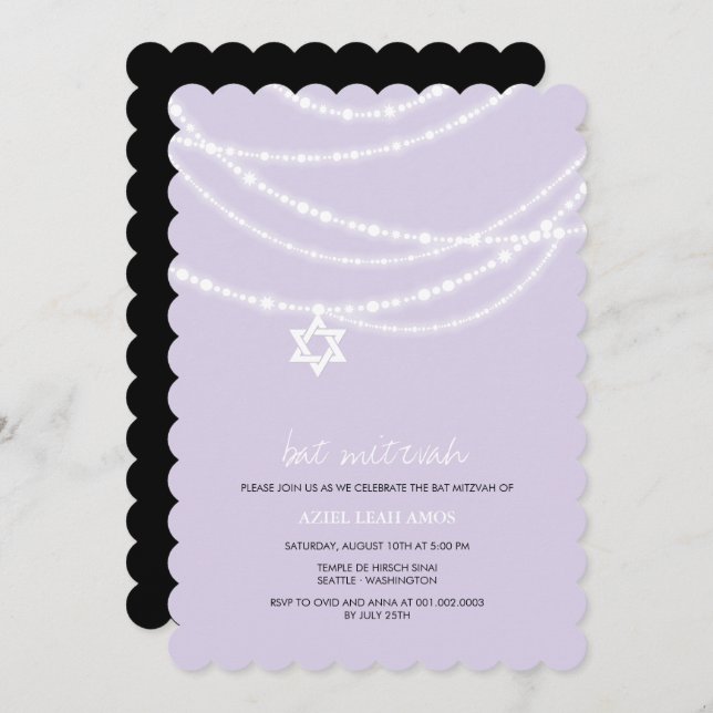Purple Bat Mitzvah Sparkles Star Of David Invite (Front/Back)