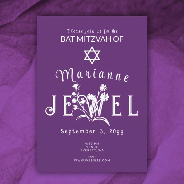 Purple Bat Mitzvah Wild Flower Letters Invitation (plum purple floral bat mitzvah party invitations botanical wild flowers spring summer springtime)