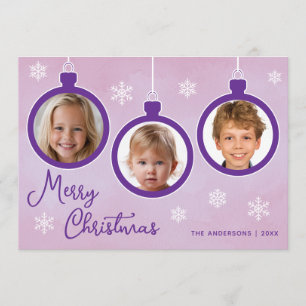 Purple Baubles 3 Photo Collage Merry Christmas Holiday Card
