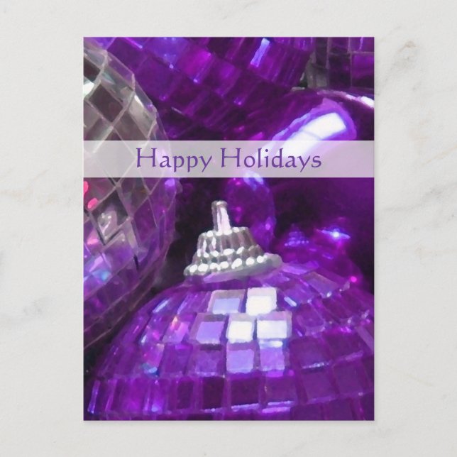 Purple Baubles 'Happy Holidays' postcard portrait (Front)