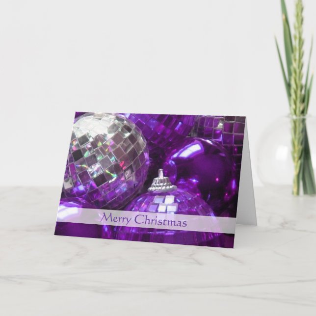 Purple Baubles 'Merry Christmas' stripe card (Front)