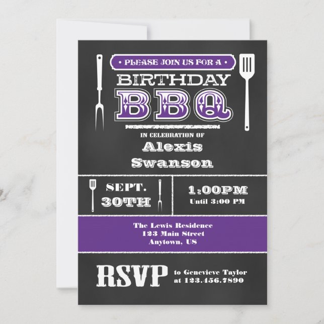 Purple BBQ Birthday Chalkboard Invitation (Front)