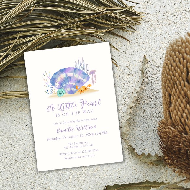 Purple Beach Ocean Little Pearl Girl Baby Shower  Invitation (Purple Beach Ocean Little Pearl Girl Baby Shower Invitation)