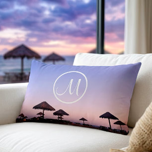 Purple beach sky sunset photo monogram script bold lumbar cushion