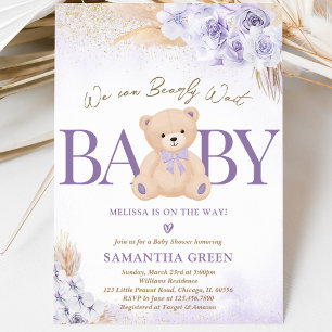 Purple Bear Balloon Baby Shower Invitation