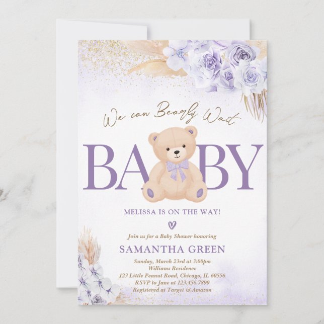 Purple Bear Balloon Baby Shower Invitation (Front)