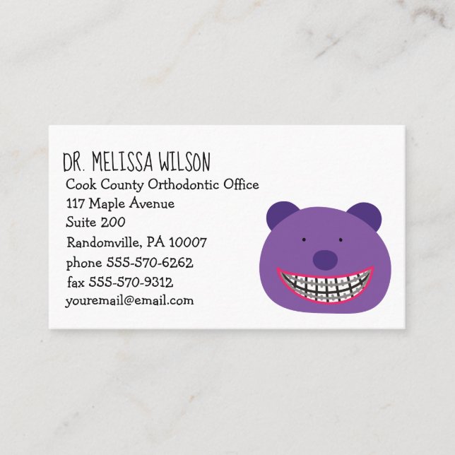 Purple Bear Wearing Braces Cute Orthodontists Business Card (Front)