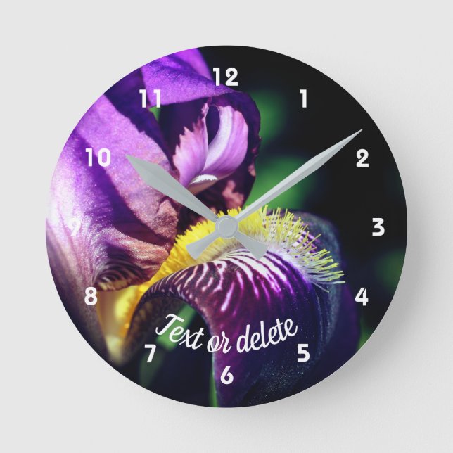 Purple Bearded Iris Flower Petal Personalised Round Clock (Front)