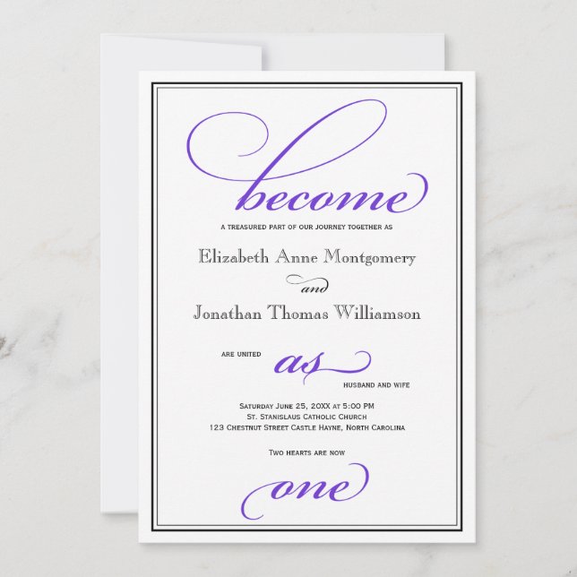 Purple Become as One Christian Wedding Invitation (Front)