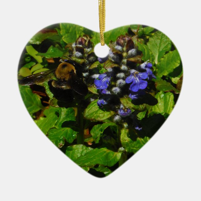 Purple Bee Balm and Bumble Bee Ceramic Tree Decoration (Front)