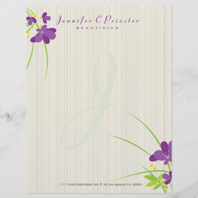 Purple Beige And Green Flower Illustration Custom Letterhead (Front)