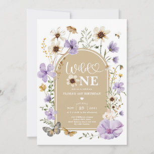 Purple Beige Wildflower Wild One 1st Birthday Girl Invitation