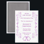 Purple Bells Scroll Design Wedding Save The Date Magnet<br><div class="desc">Wedding save the date magnet bells design. Customise this purple coloured wedding save the date magnet with your wedding details. Should you require any help with customising then contact us through the link on this page. Purple coloured bells design personalised wedding save the date magnet</div>