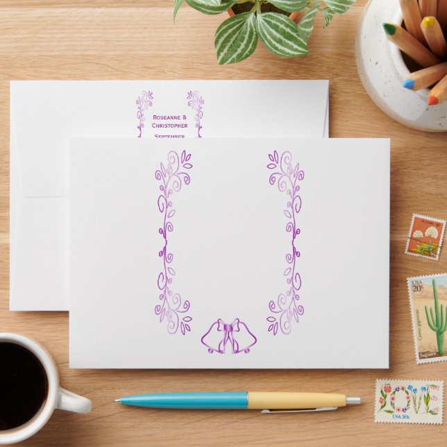 Purple Bells Scrollwork Design Wedding Envelope (Desk)