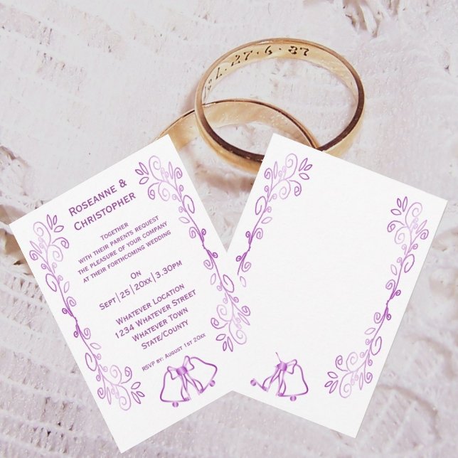 Purple Bells Scrollwork Design Wedding Invitation (Purple wedding invitation bells and scrollwork design)