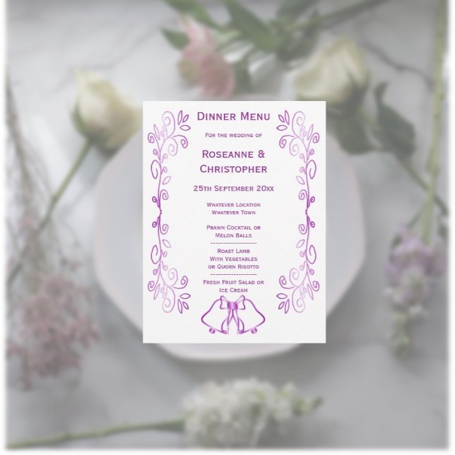 Purple Bells Scrollwork Design Wedding Menu (Purple wedding menu card bells and scrollwork design)