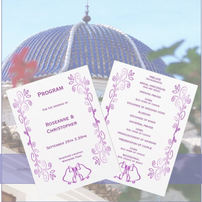 Purple Bells Scrollwork Design Wedding Programme (Purple wedding church program bells and scrollwork design)
