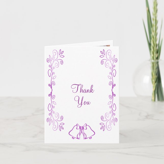 Purple Bells Scrollwork Design Wedding Thank You Card (Front)