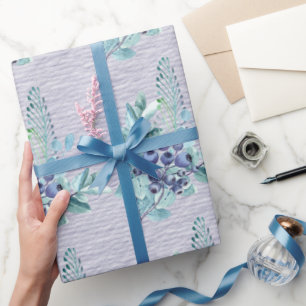 Purple Berries and Blue Feathers On Deep Purple Wrapping Paper