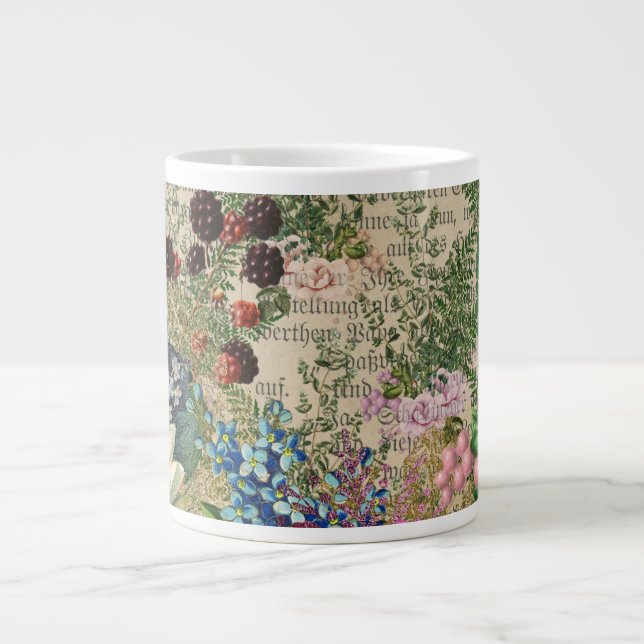 Purple Berries and Roses on Newsprint Ephemera Large Coffee Mug (Front)