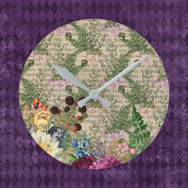 Purple Berries and Roses on Newsprint Ephemera Round Clock (Creator Uploaded)