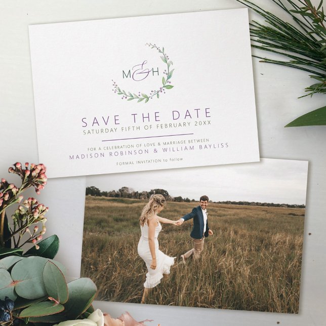 Purple berries green leaves monogram photo wedding save the date (Creator Uploaded)