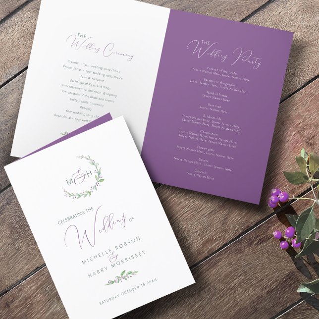 Purple berry and green leaves monogram art wedding programme (Creator Uploaded)