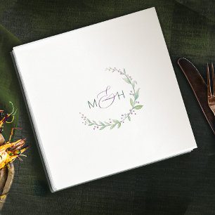 Purple berry green foliage monogram wedding napkin