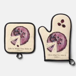 Purple Berry Pie Watercolor Personalized  Oven Mitt & Pot Holder Set