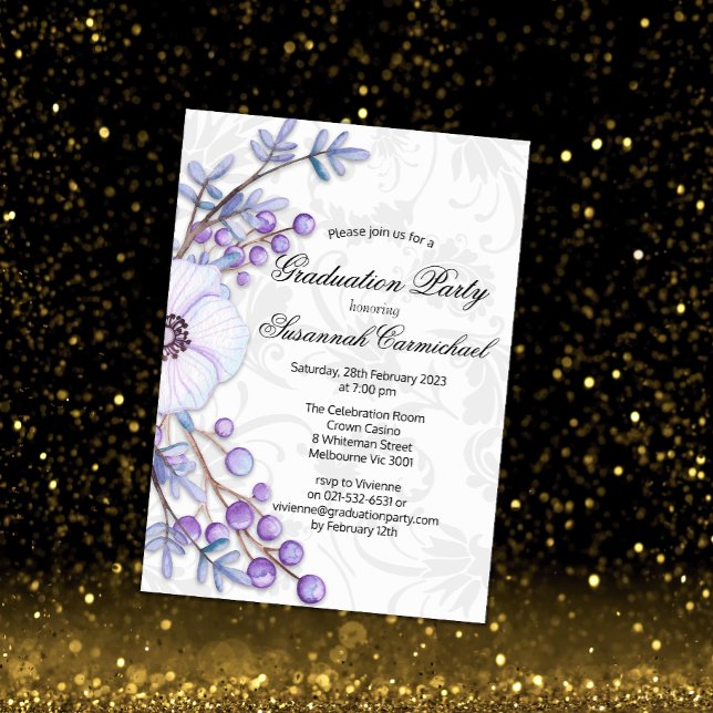 Purple Berry Wreath and Elegant Damask Graduation Invitation (Creator Uploaded)