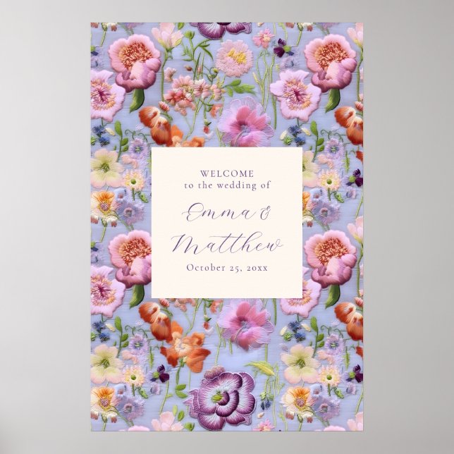 Purple Big Embroidered Wedding Welcome Poster (Front)