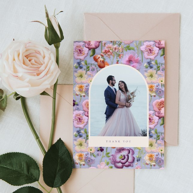 Purple Big Floral Embroidery Maximalist Wedding Thank You Card (Creator Uploaded)