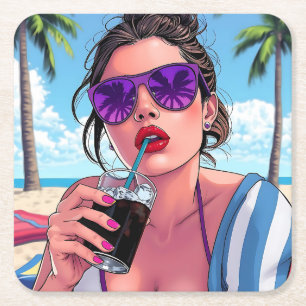 Purple Bikini, Sunglasses and Bandanna Woman  Square Paper Coaster