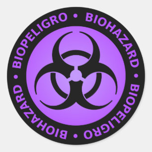Purple Bilingual Biohazard Warning Classic Round Sticker