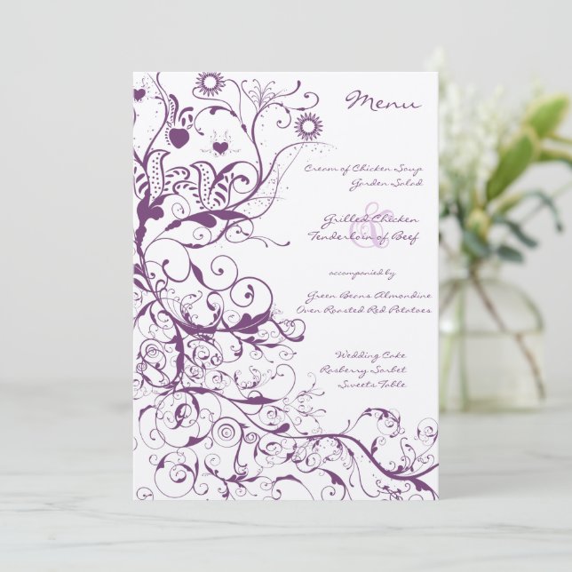 Purple  Birds and Swirls Wedding Menu (Standing Front)