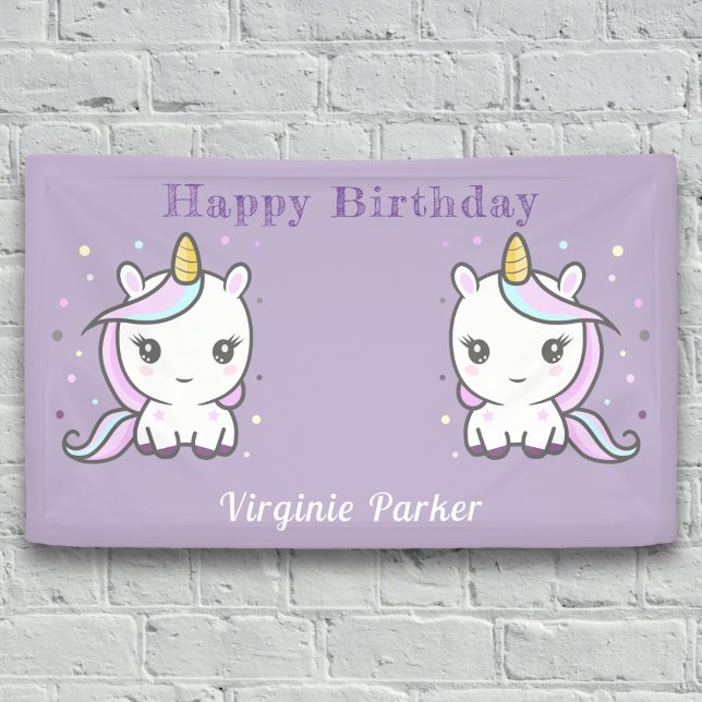 Purple Birthday Banner with Cute Unicorns (Cute Unicorn Birthday Banner)