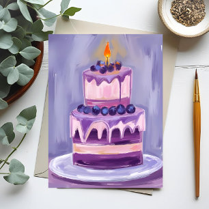 Purple Birthday Cake Watercolor Birthday Card