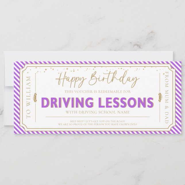 Purple Birthday Driving Lessons Gift Voucher Card (Front)