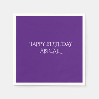 Purple birthday napkins with personalized  name.