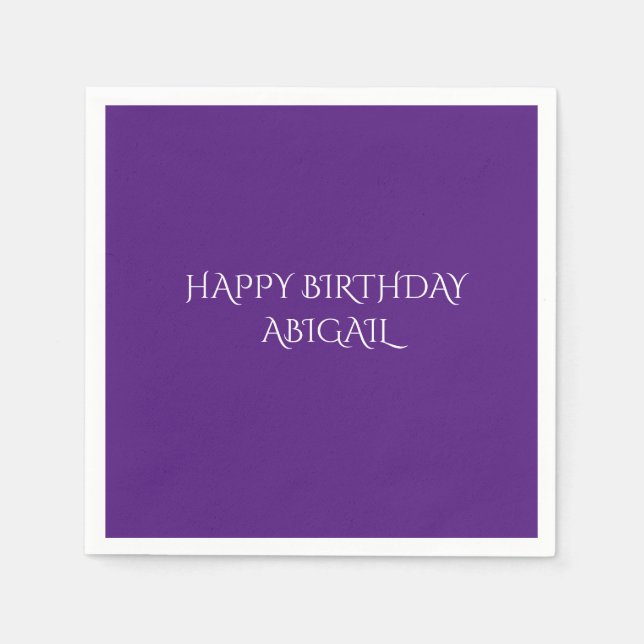 Purple birthday napkins with personalized  name. (Front)