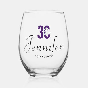 Purple Birthday Number Black Name Date Stemless Wine Glass