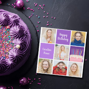 Purple Birthday Photo Collage Personalized Card