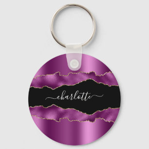 Purple black agate marble name script key ring
