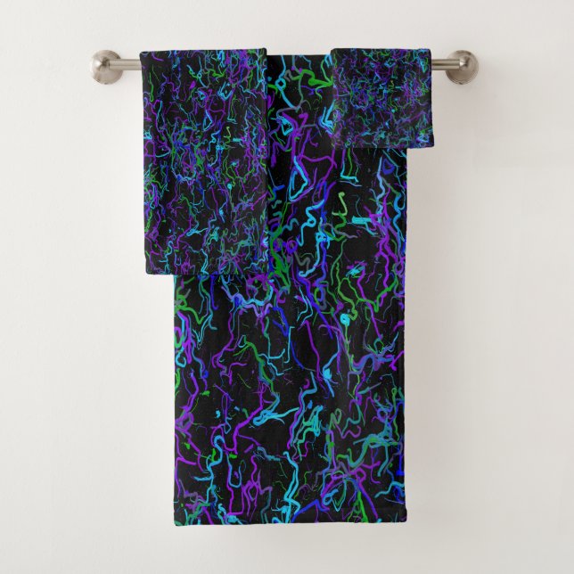 Purple, Black and Blue Abstract Bath Towel Set (Insitu)