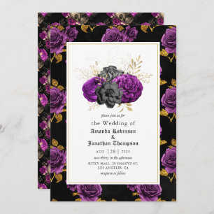 Purple, Black and Gold Floral Gothic Wedding Invitation