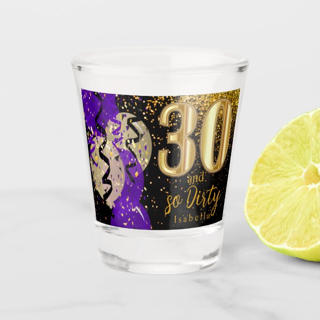 Purple, Black and Gold Glitter 30th Birthday Shot Glass (Front)