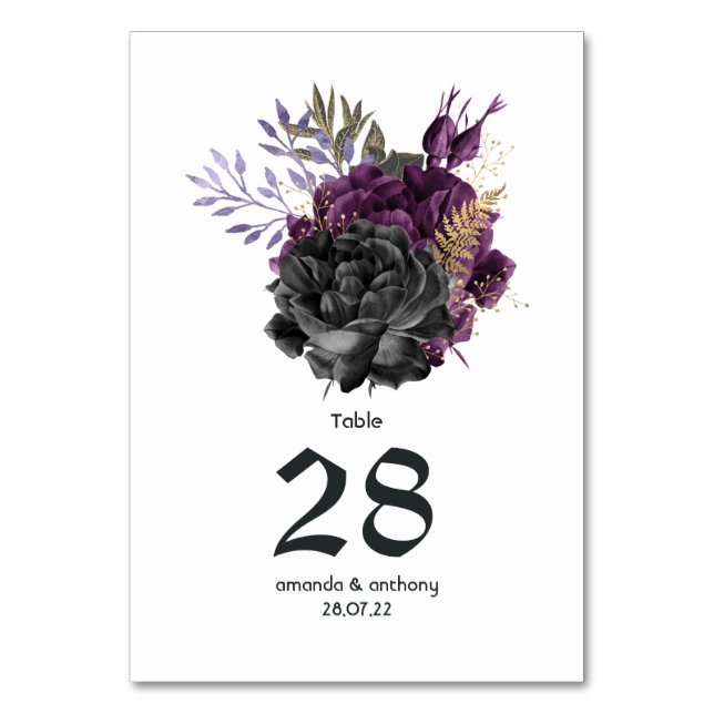 Purple Black and Gold Gothic Wedding Table Number (Front)