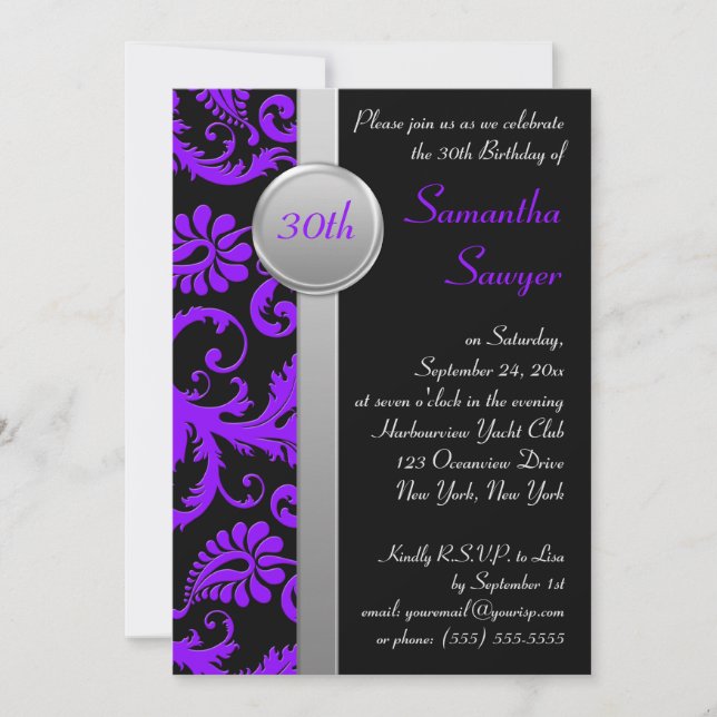 Purple, Black, and Silver 30th Birthday Invitation (Front)