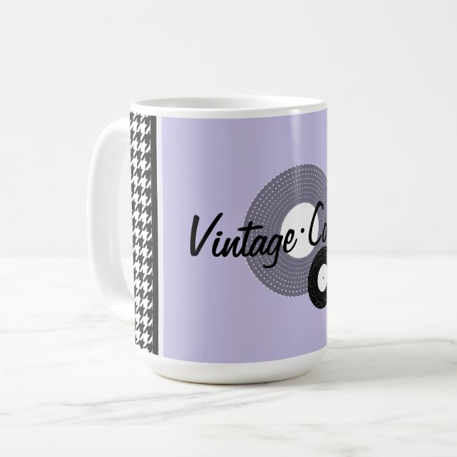 Purple, black and white 1950s theme coffee mug (Front Left)